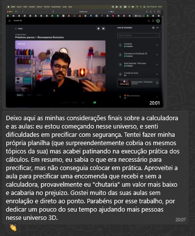 Print do WhatsApp: depoimento da Carol sobre a própria planilha