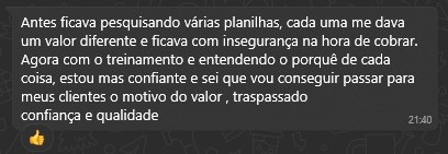 Print do WhatsApp: depoimento do Leandro sobre planilhas com valores diferentes