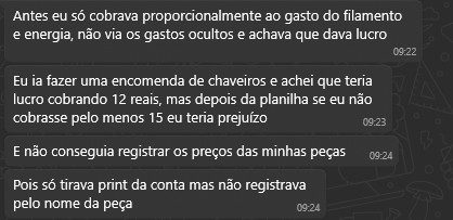Print do WhatsApp: depoimento do Lucas sobre a encomenda de chaveiros
