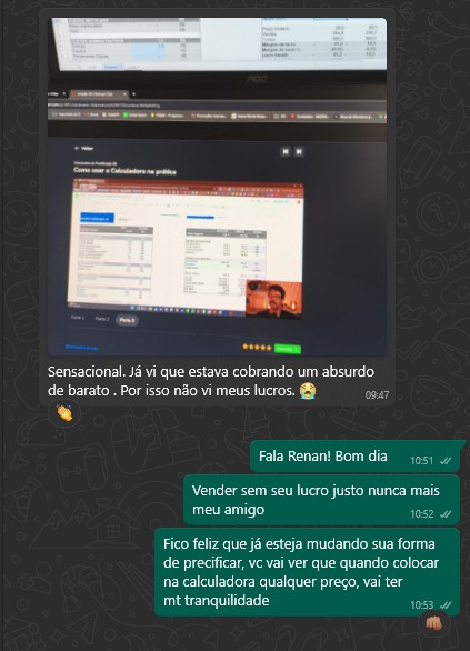 Print do WhatsApp: depoimento do Renan sobre cobrar barato demais